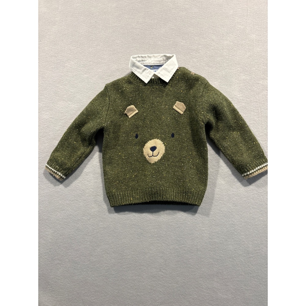 Mayoral Toddler Boy Teddy Bear Sweater Green Flecked Knit Collared Shirt 18M